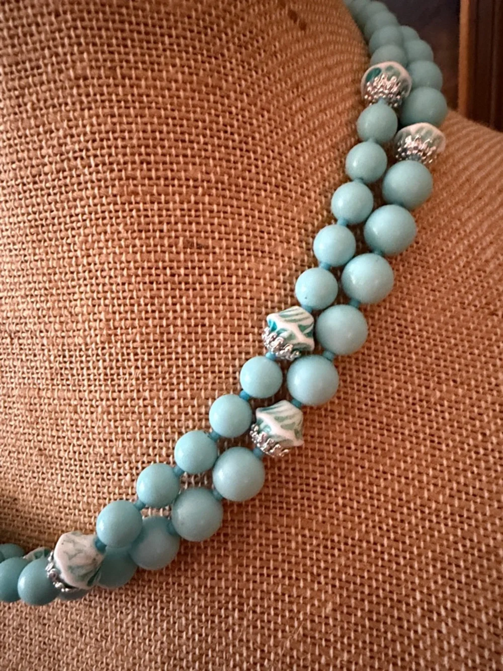 VTG Blue Bead Necklace and Clip-On Earrings Set